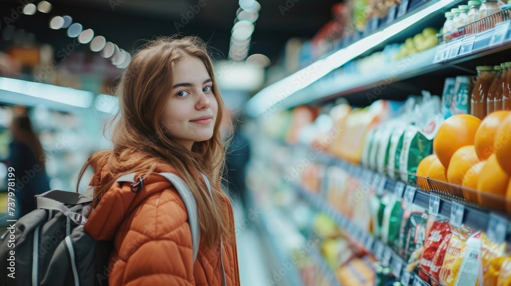 Radiant Shopper: African Woman Smiles as She Navigates Supermarket Aisles, Carefully Selecting Groceries and Healthy Options. Capturing the Joy of Shopping for Quality Food in the Mall