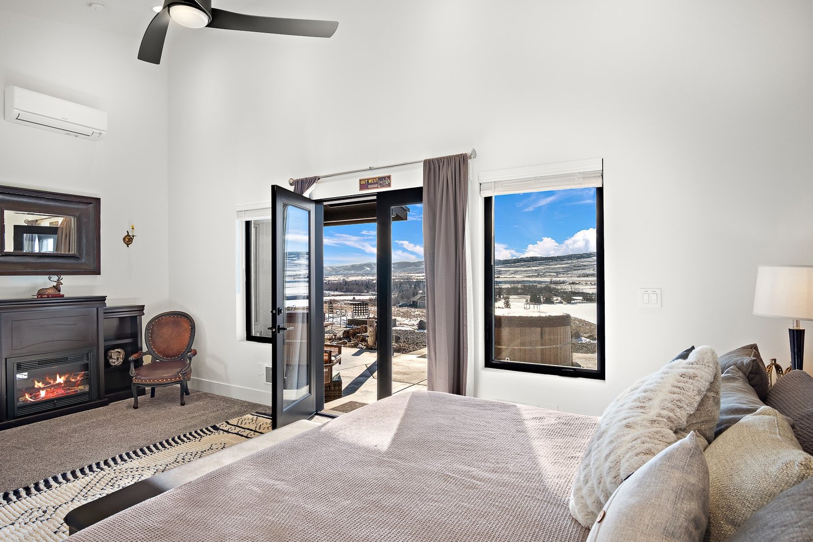 Modern bedroom with scenic mountain view